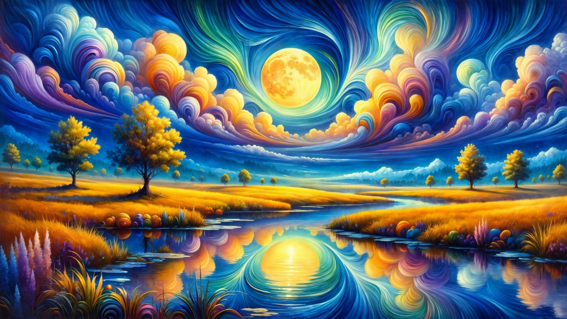 Vibrant Landscape with Full Moon and Tranquil River