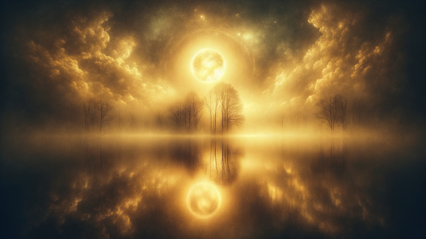 Mystical Landscape with Golden Sun and Calm Lake