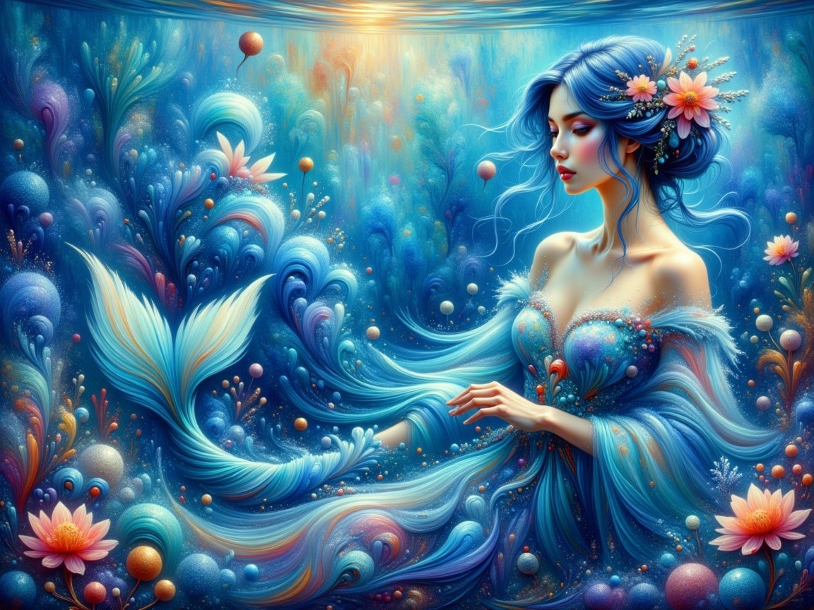 Underwater Scene with Woman and Mermaid Tail
