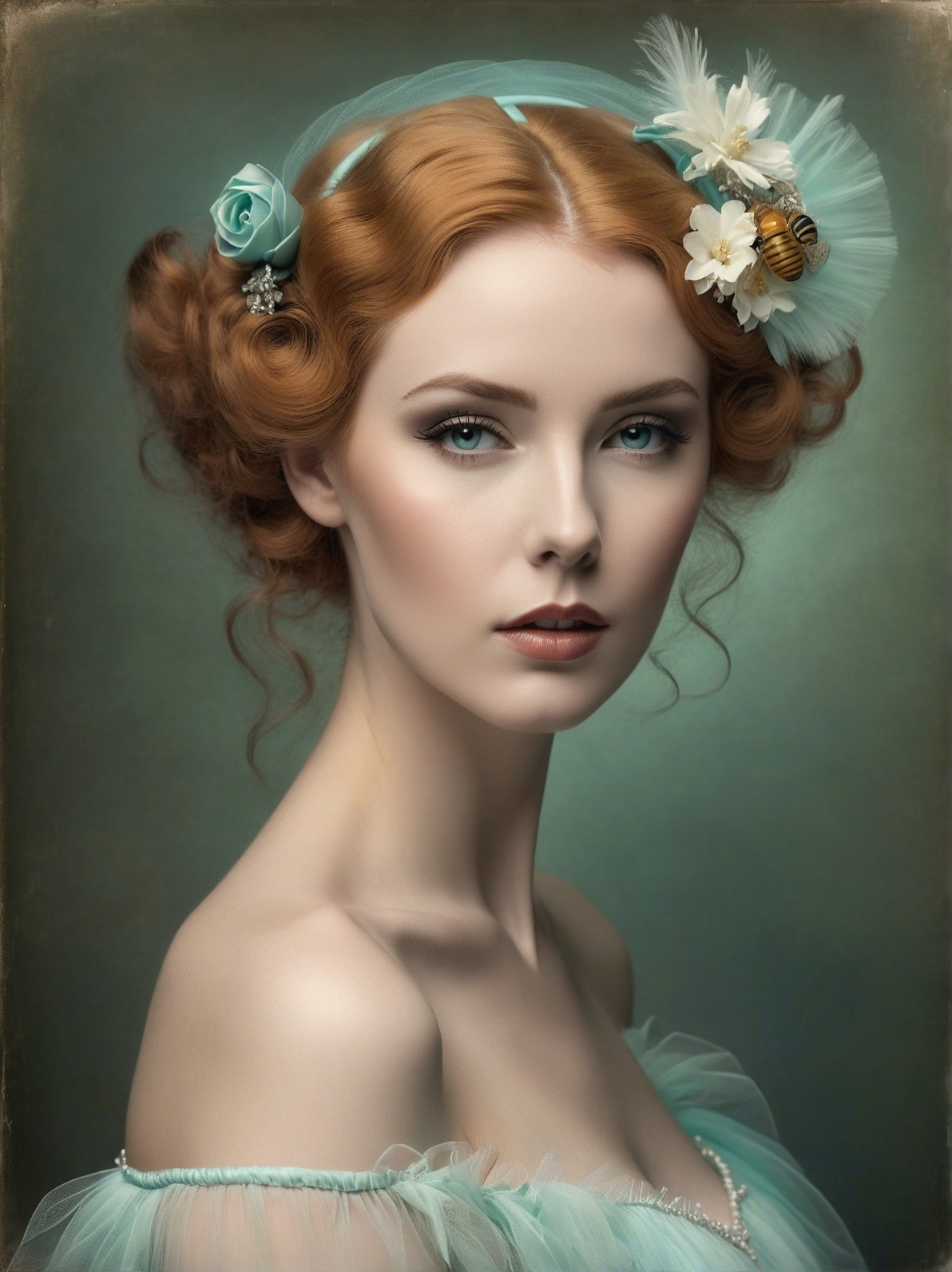 Young Woman in Retro Style with Light-Blue Tulle Dress