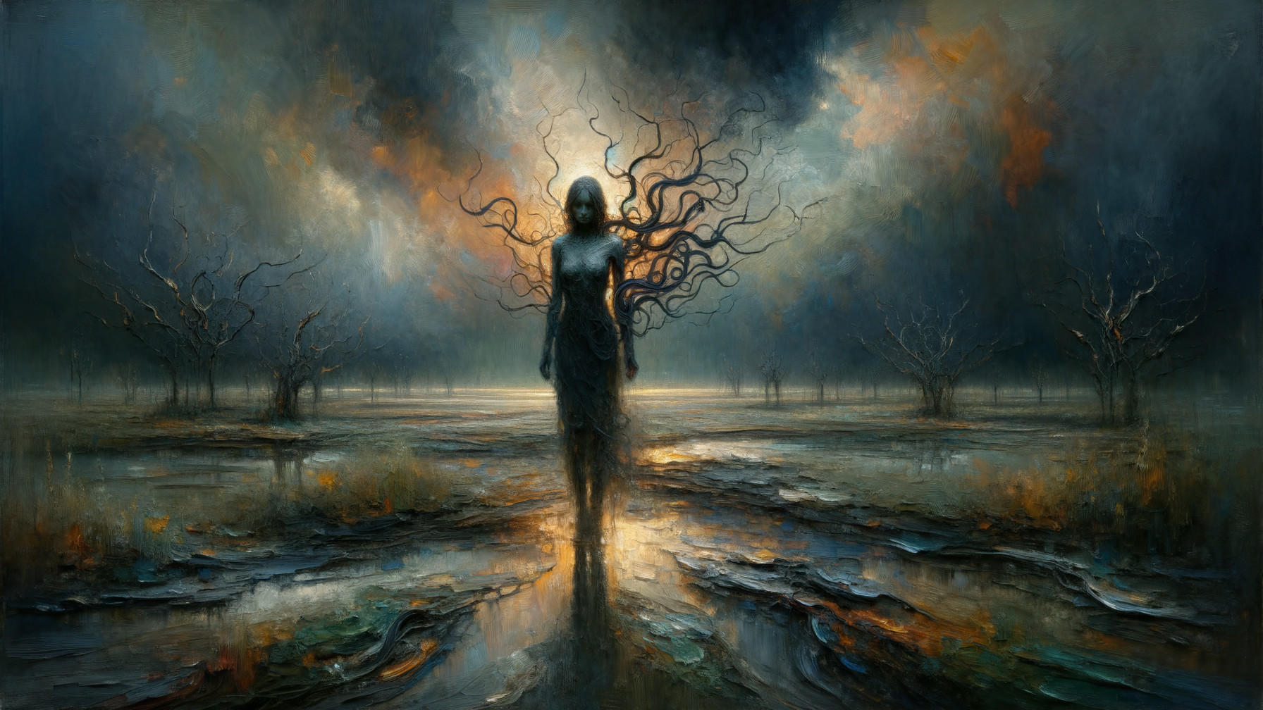 Surreal Landscape with Eerie Glow and Twisted Trees