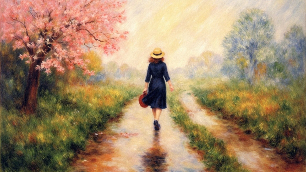 Woman in Vintage Dress on Misty Green Path