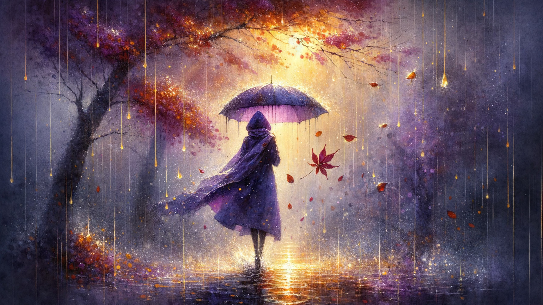 Vibrant Autumn Scene with Umbrella and Purple Robe