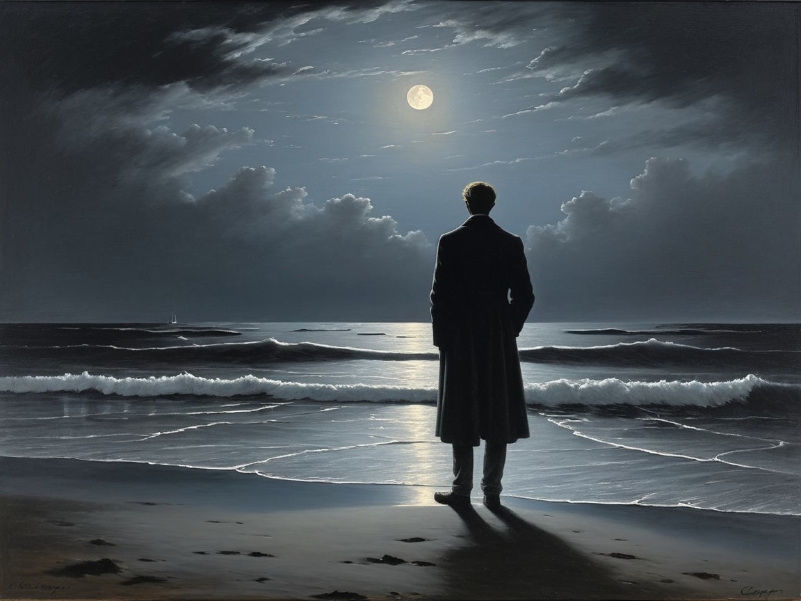 Solitary Figure on Moonlit Beach with Ocean Waves