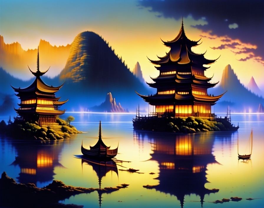 Serene Twilight Landscape with Pagodas and Lake Reflection