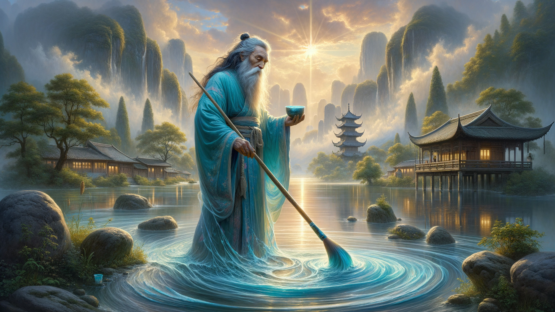 Ancient sage in serene landscape with flowing robes