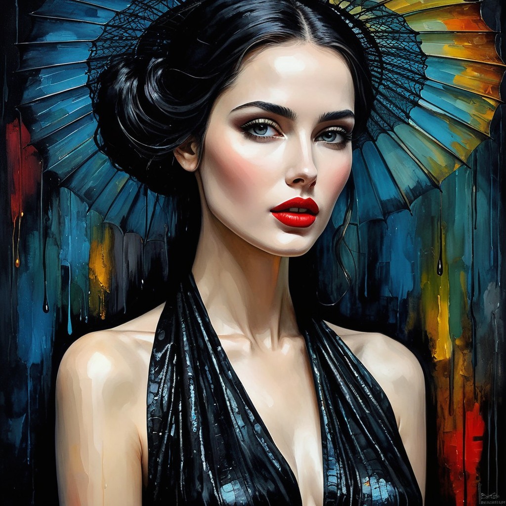 Elegant Woman in Black Dress with Colorful Backdrop