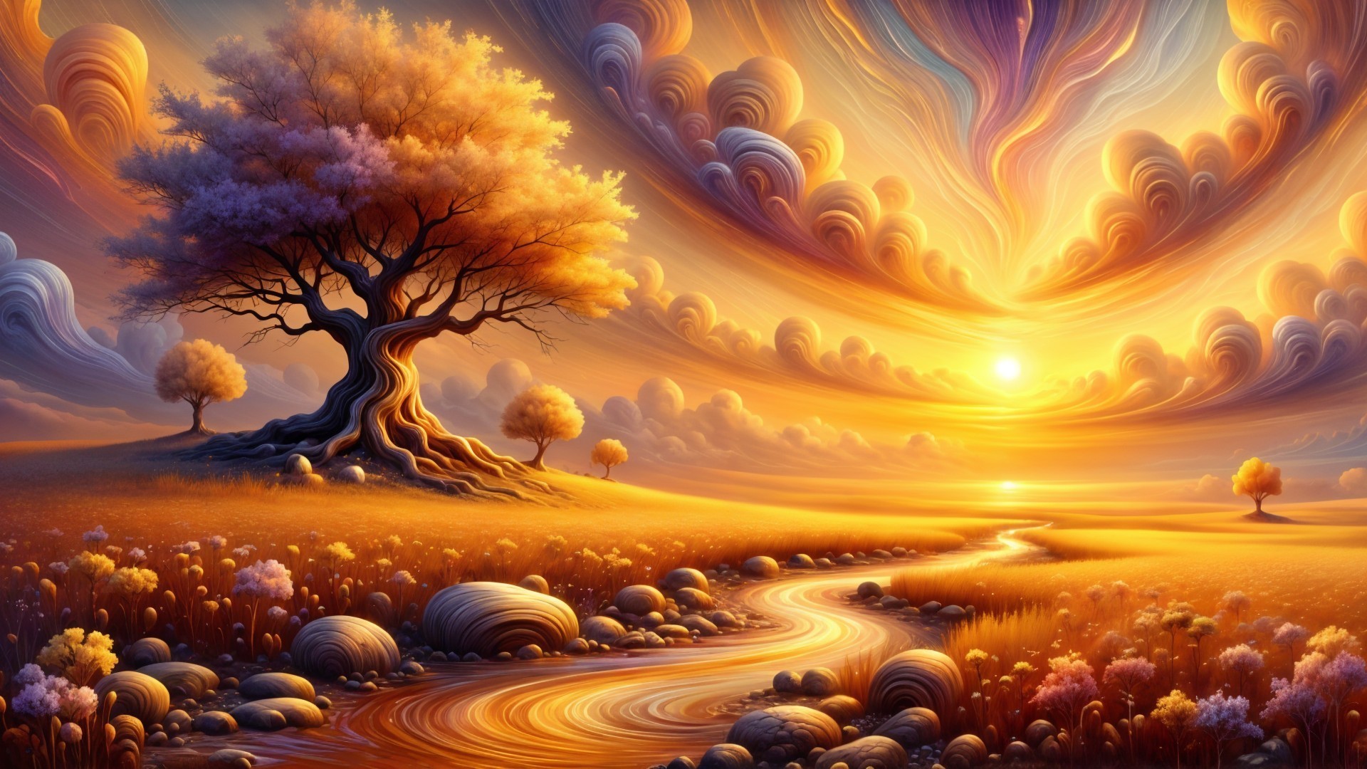 Whimsical Landscape with Sunset and Twisting Tree