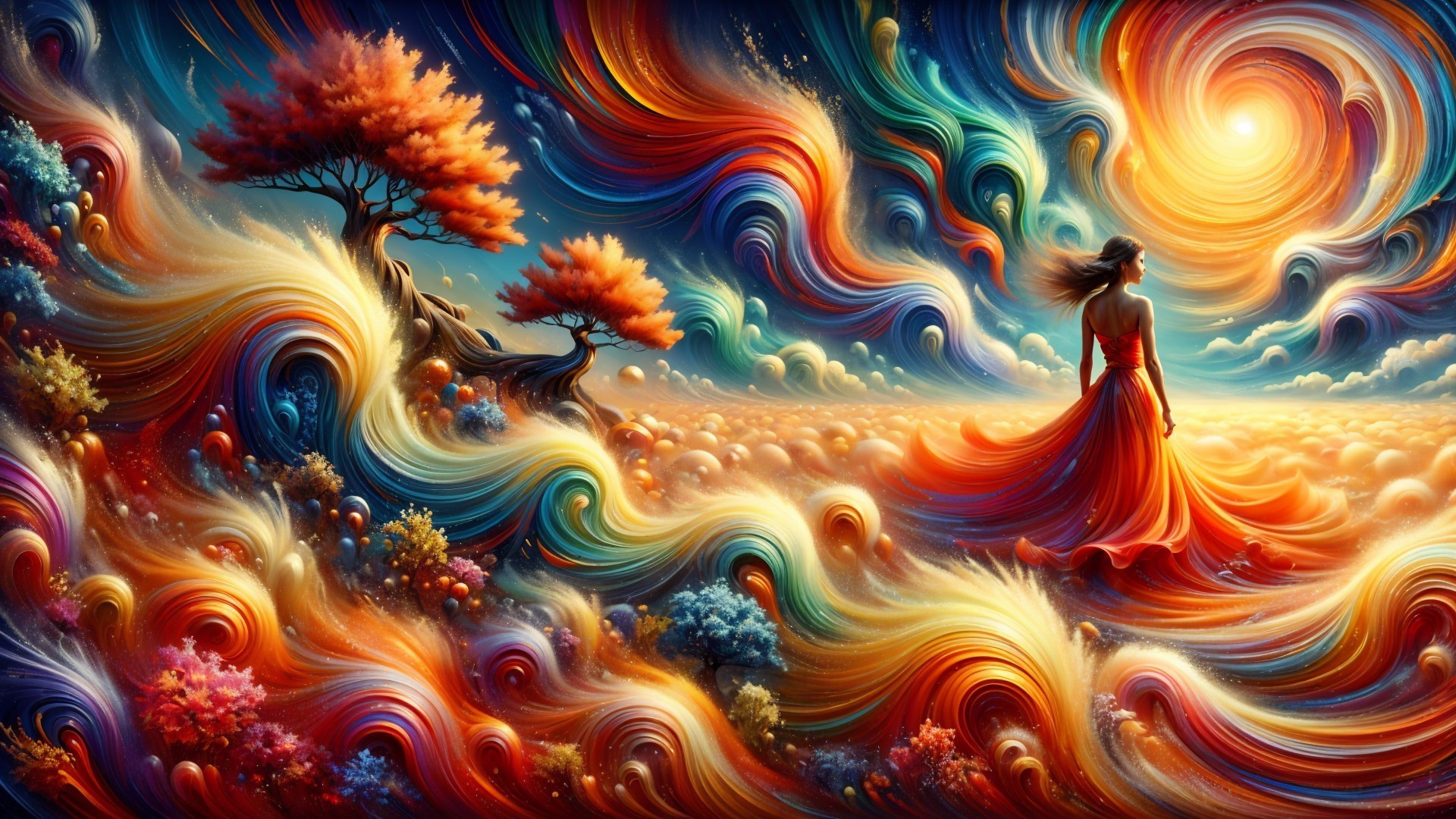 Surreal Landscape with Vibrant Colors and Abstract Trees