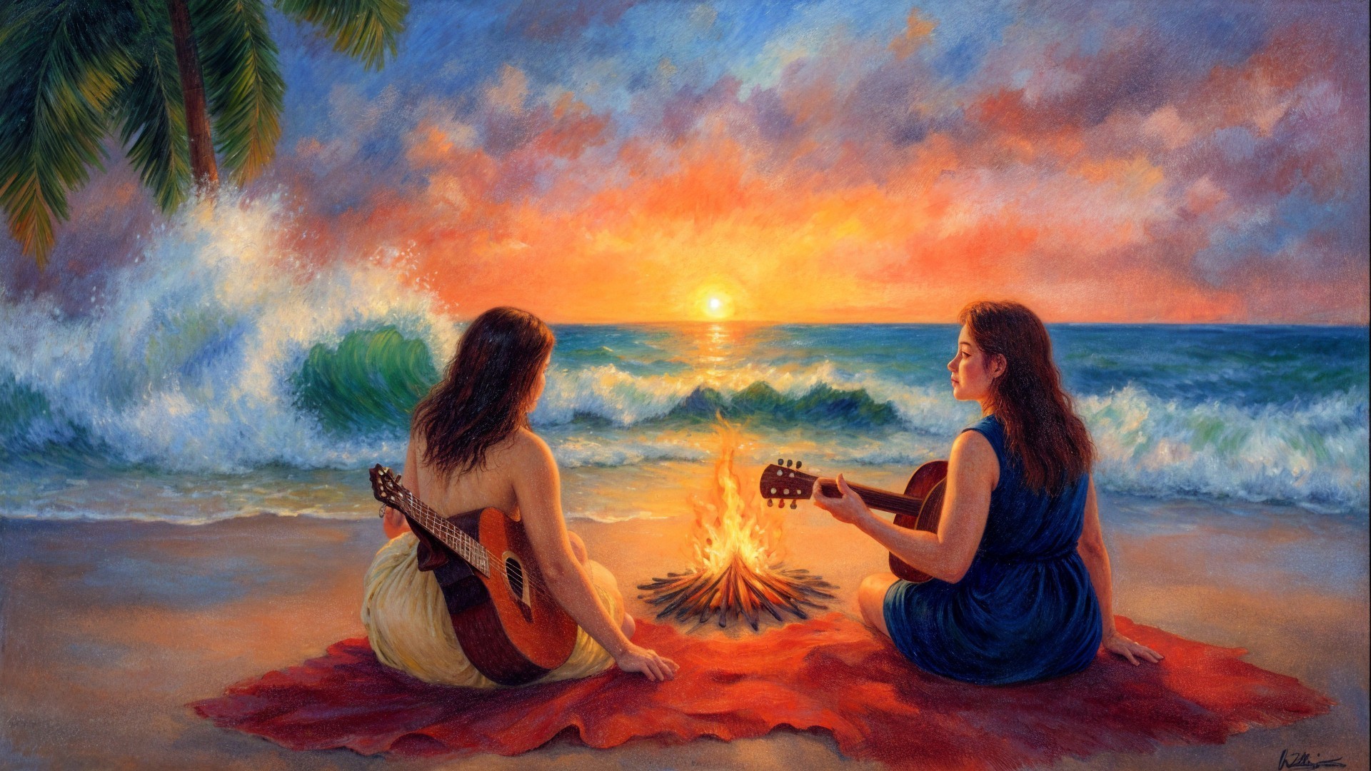 Women Playing Guitars by a Sunset Beach Fire