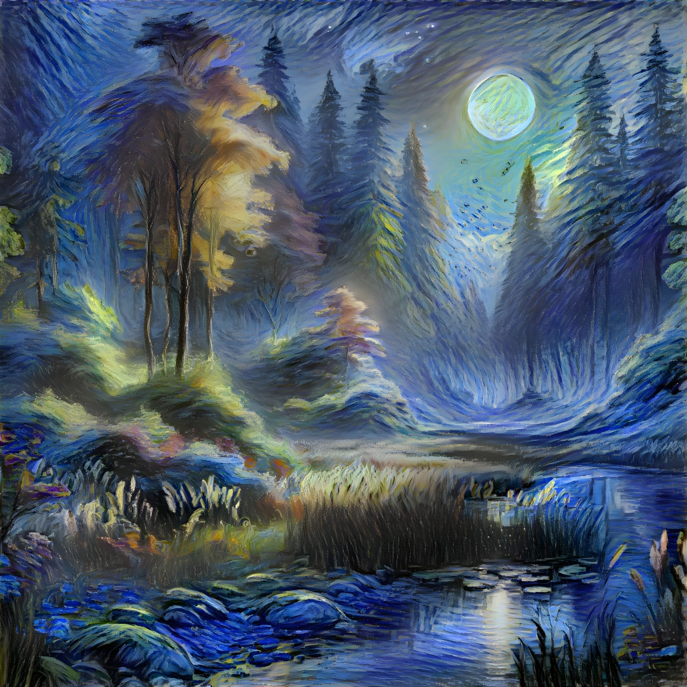 Serene Nighttime Landscape with Full Moon and River