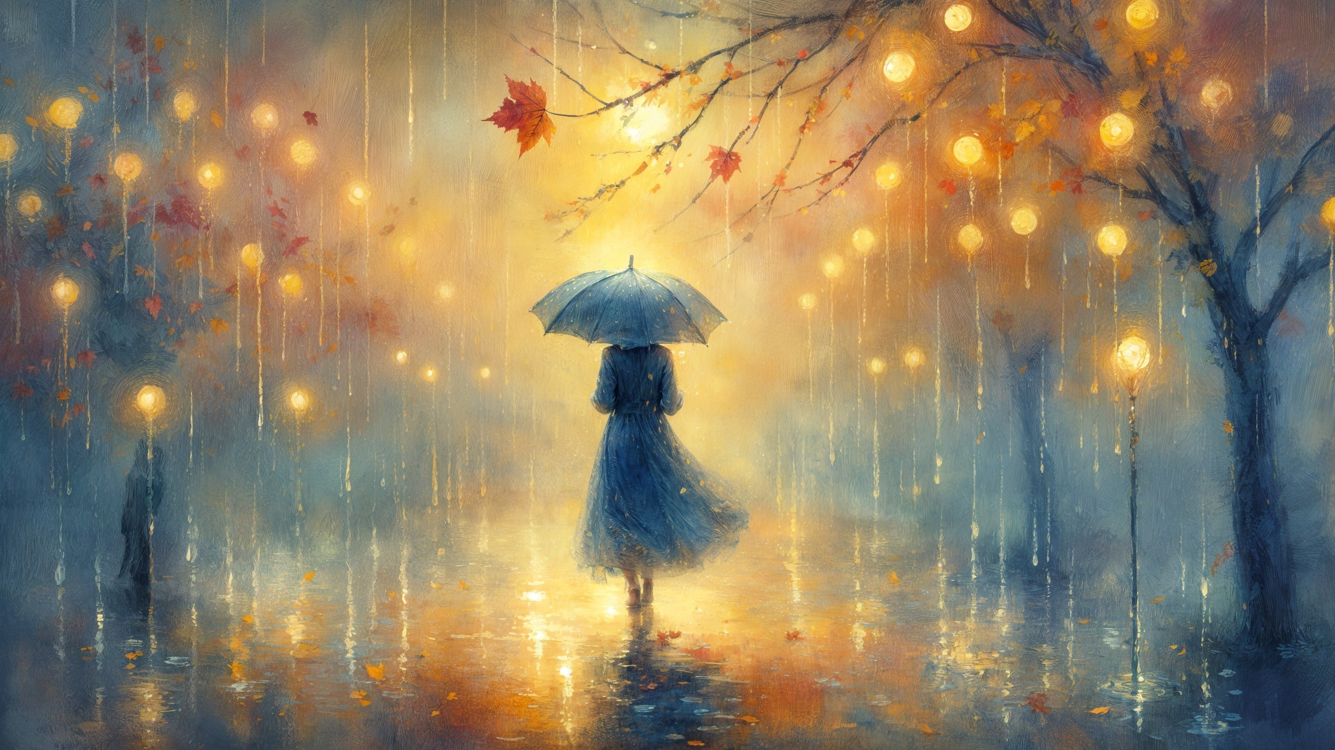 Solitary Figure Under Umbrella in Misty Street Scene