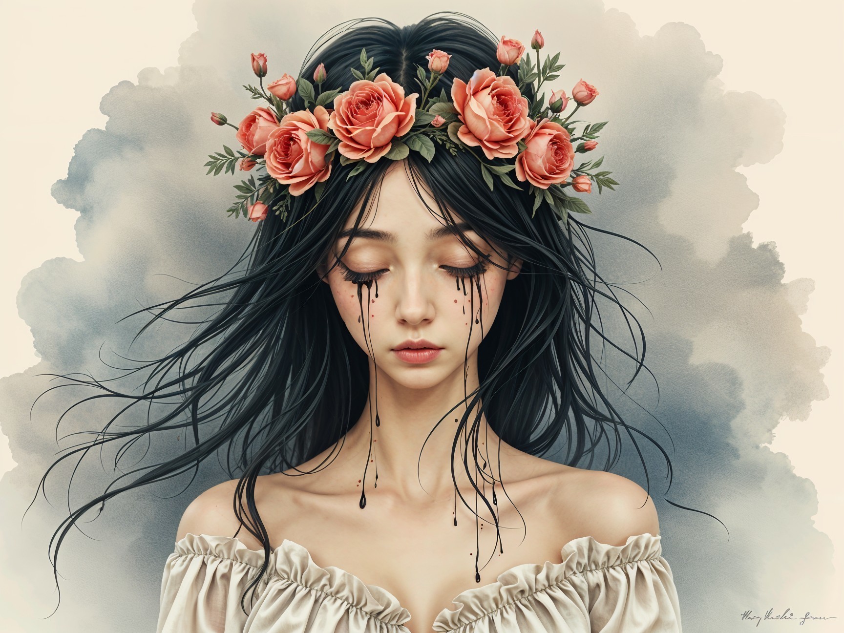 Serene Young Woman with Roses and Ink Tears