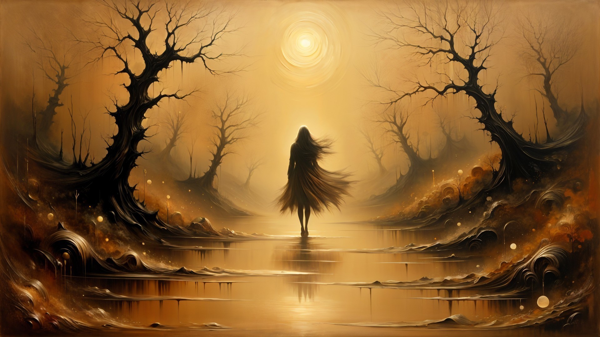 Dreamlike Landscape with Shadowy Figure and Waterway