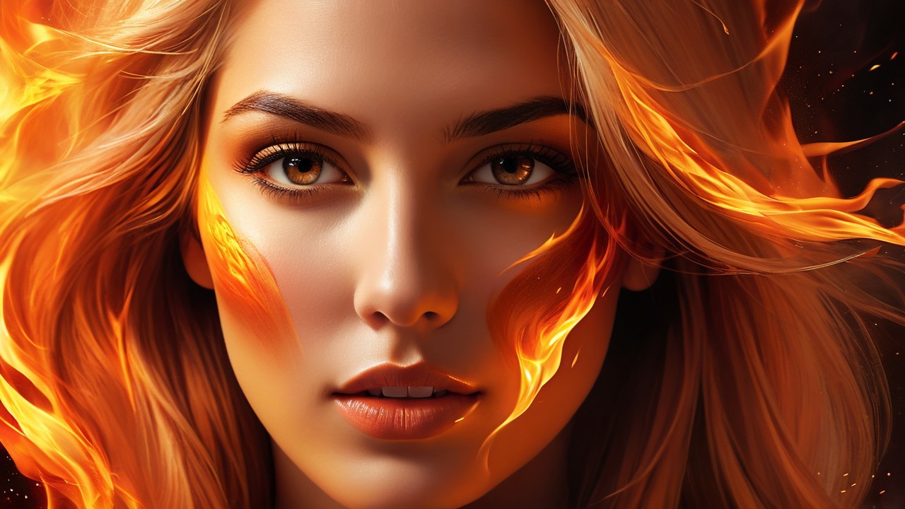 Close-Up Portrait of a Young Woman with Flames