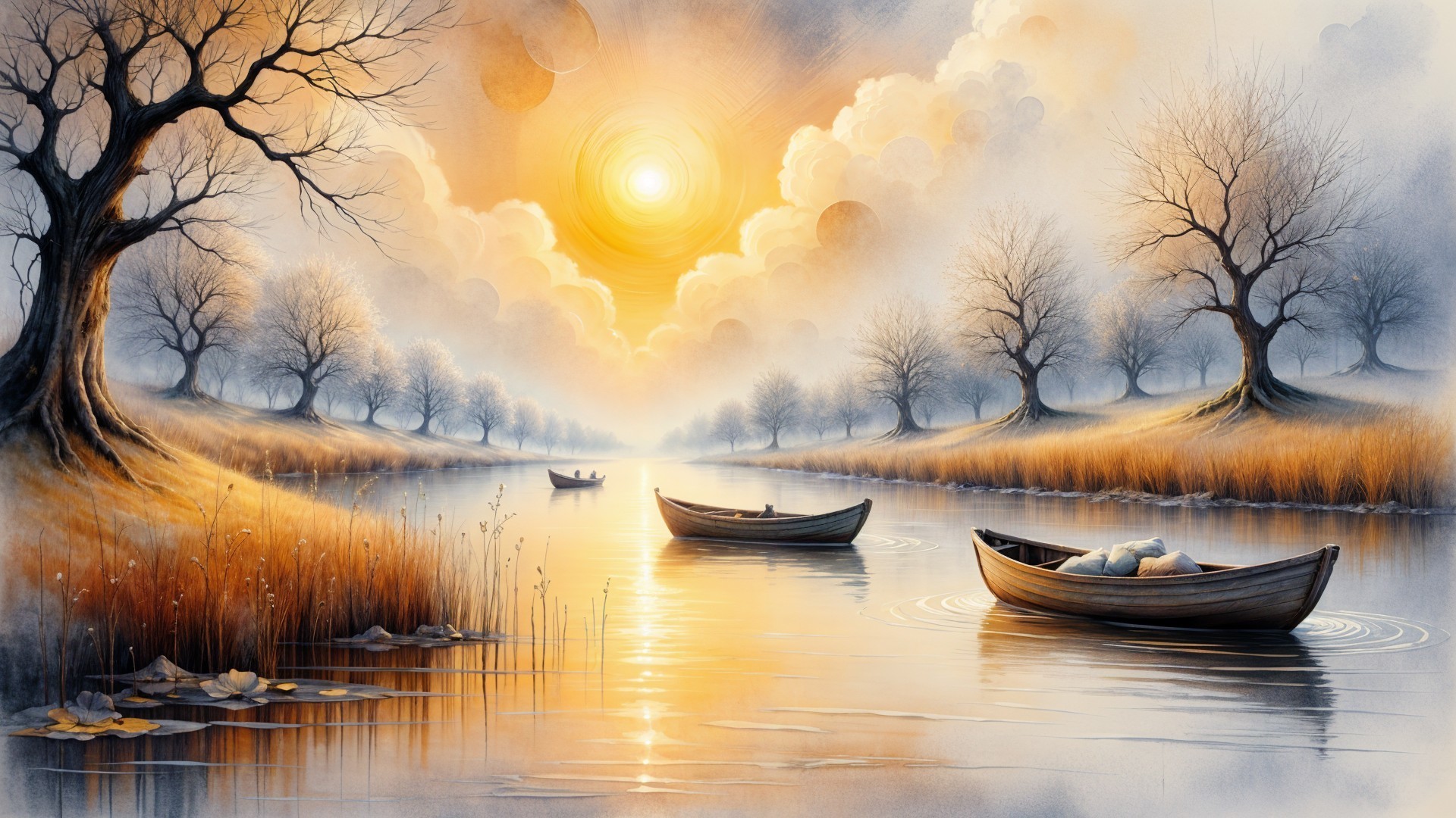 Serene Landscape with Boats on a Calm River