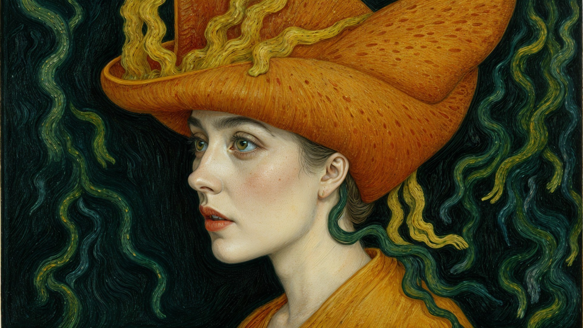 Portrait of a woman in an orange floral hat
