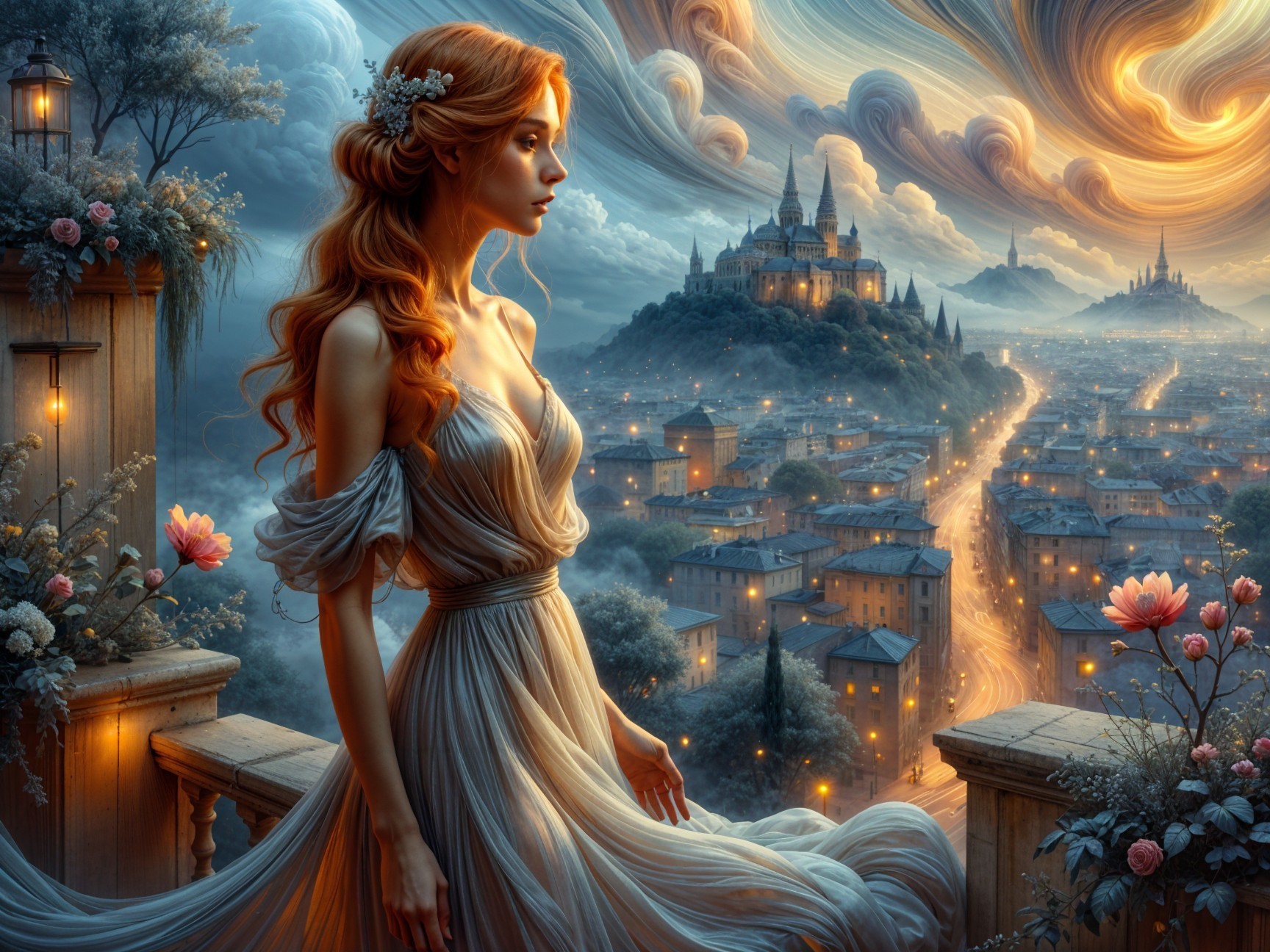 Serene Woman on Balcony Overlooking Cityscape at Sunset