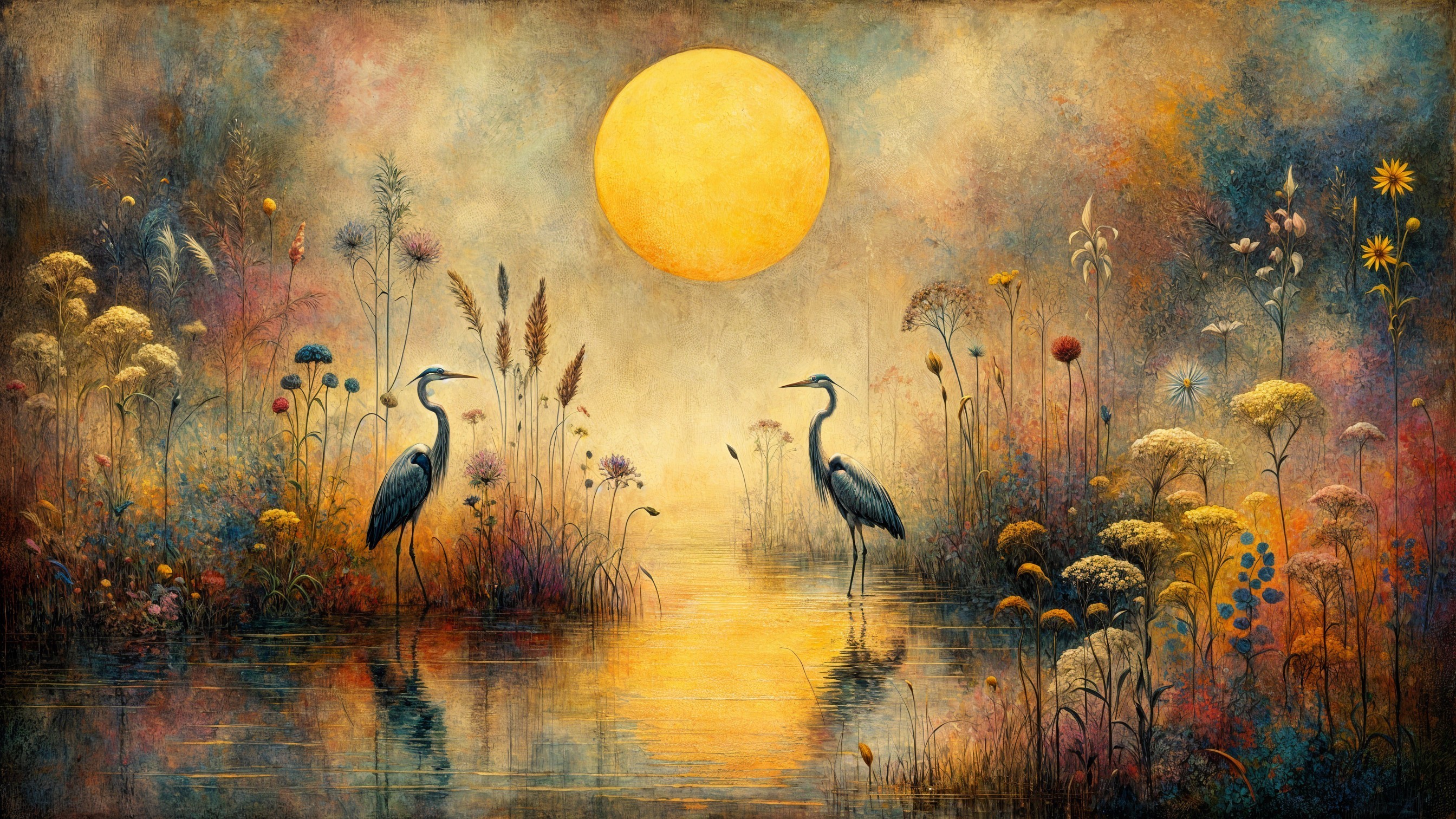 Herons by Waterway in Vibrant Wildflower Landscape