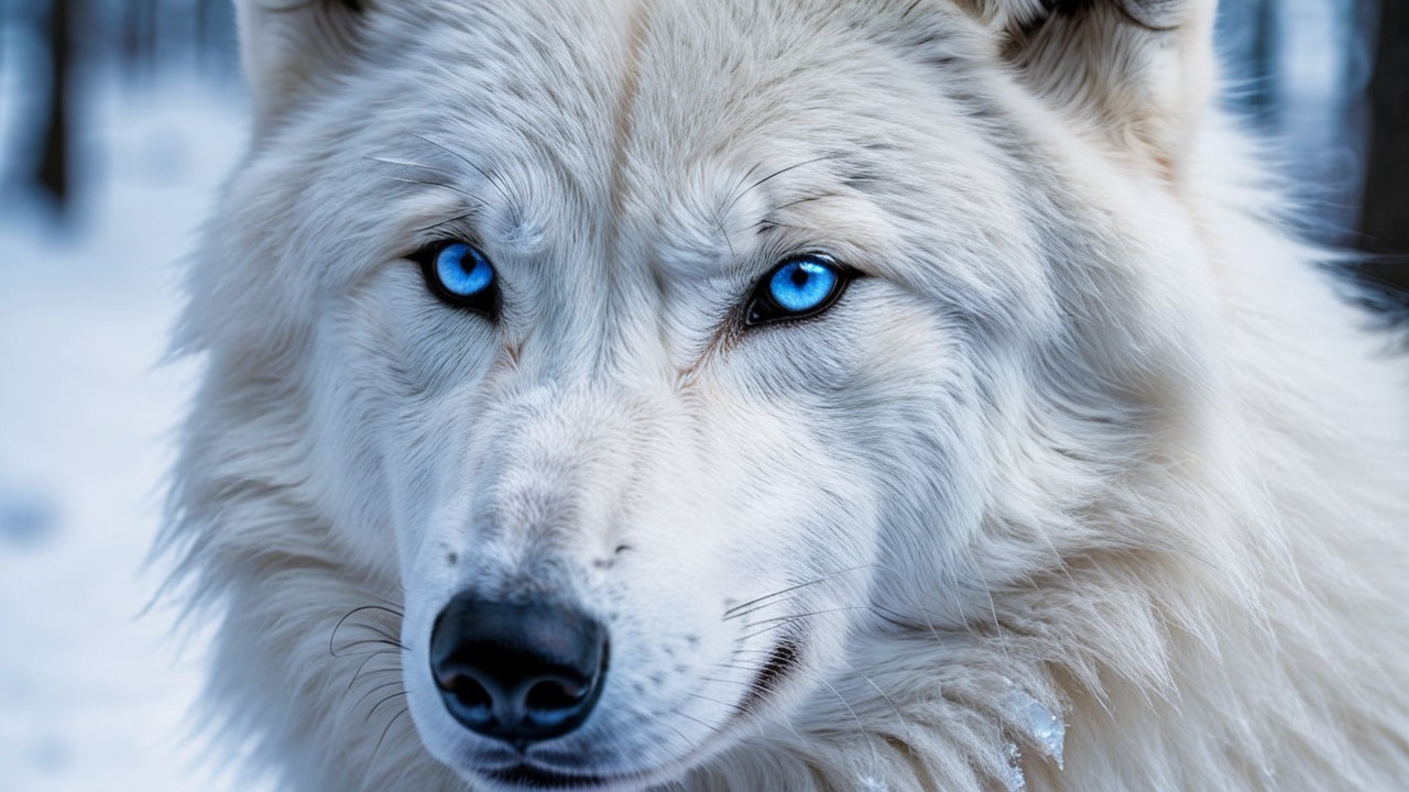 White Wolf in Snowy Landscape with Blue Eyes