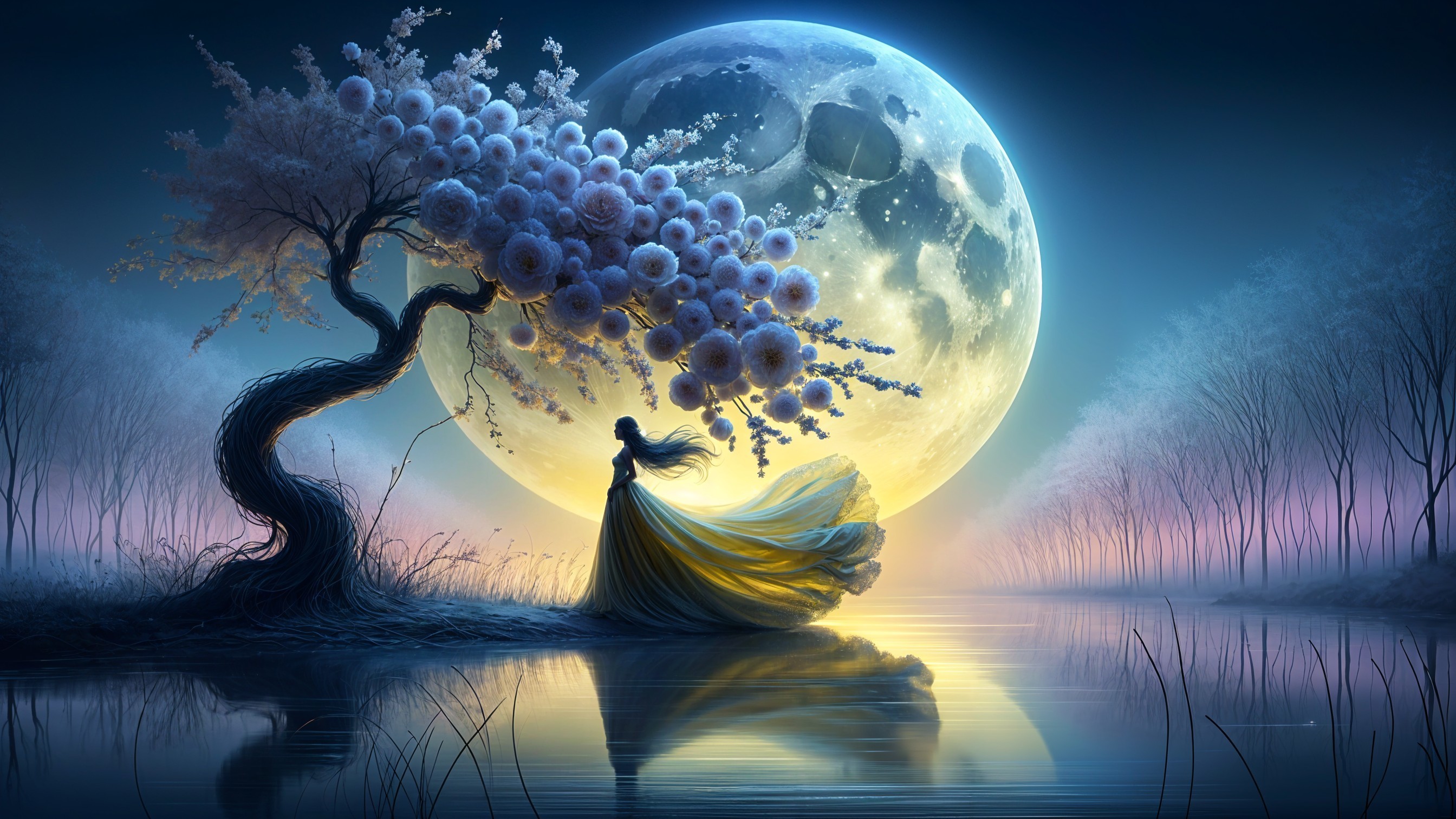 Moonlit Landscape with Woman in Yellow Gown