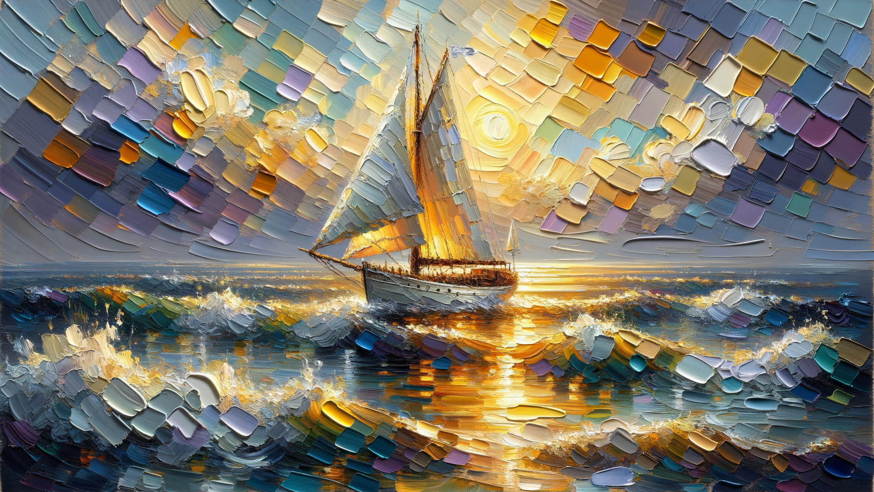 Vibrant Seascape at Sunset with Sailboat and Waves