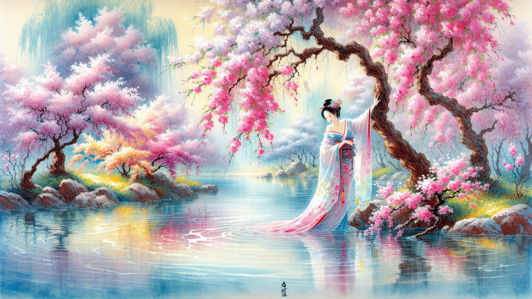 Tranquil Lake Surrounded by Cherry Blossoms and Elegance