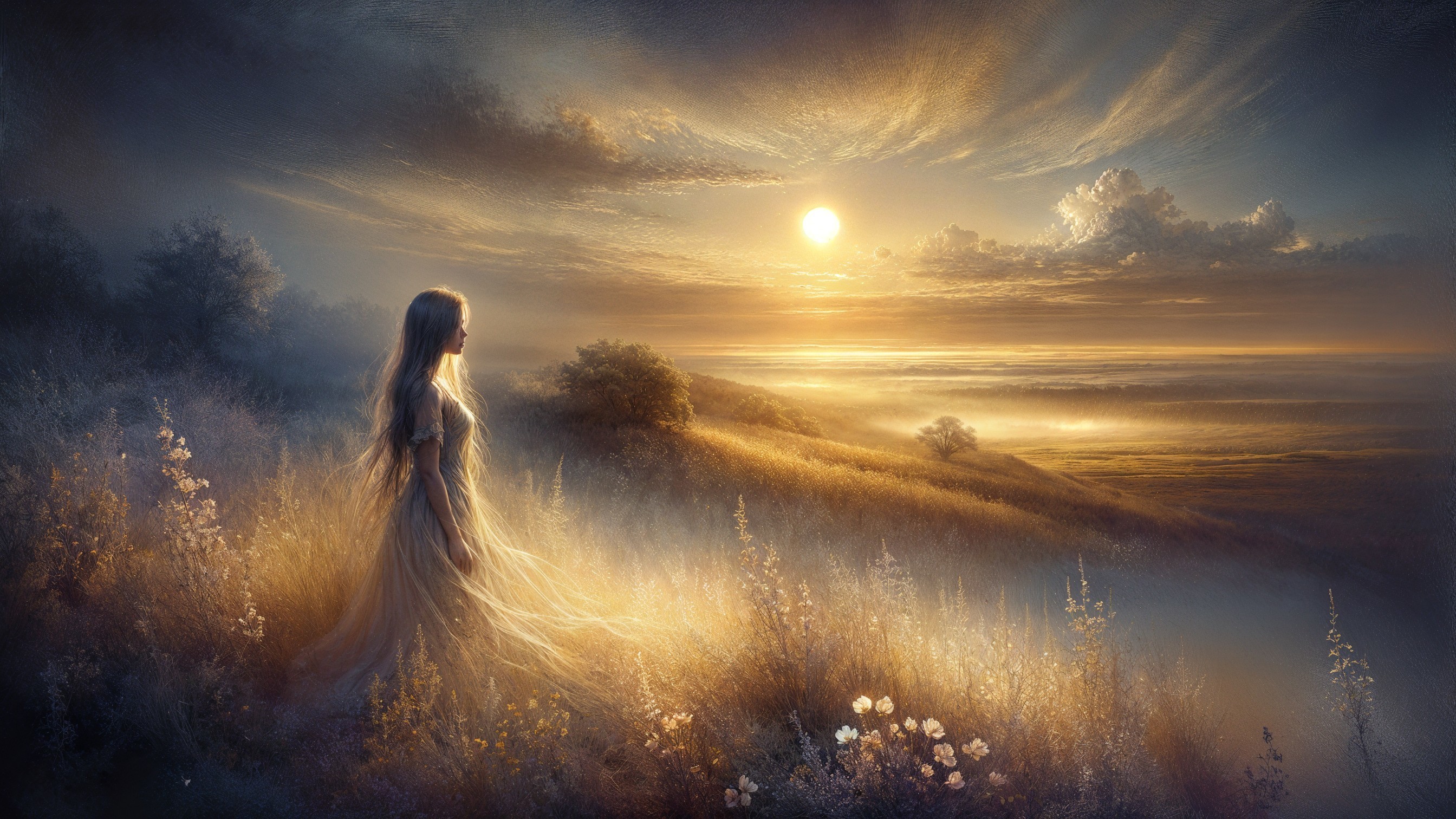 Serene Sunset Landscape with Woman on Gentle Hill