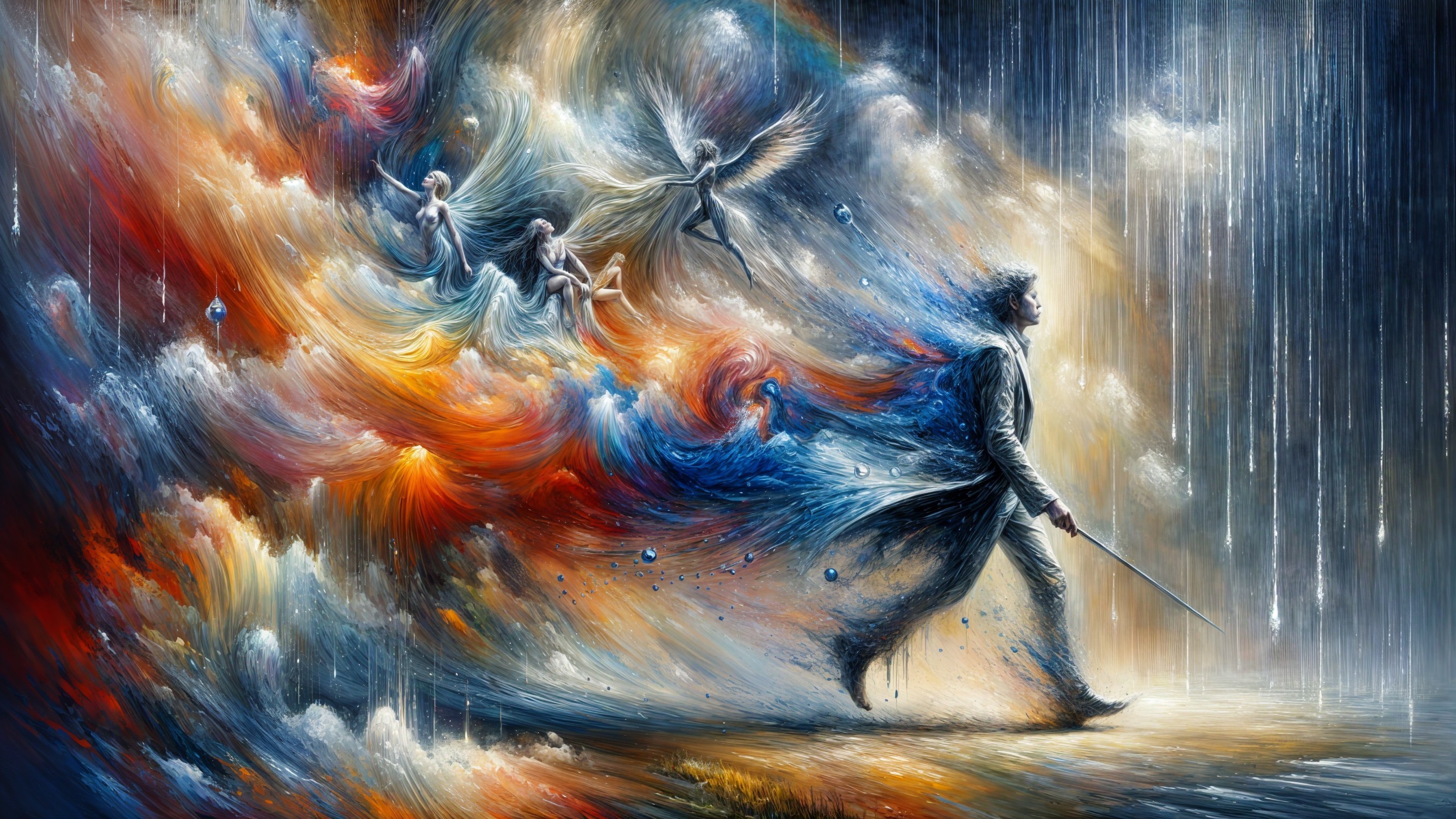 Figure in a vibrant landscape with swirling colors and spirits