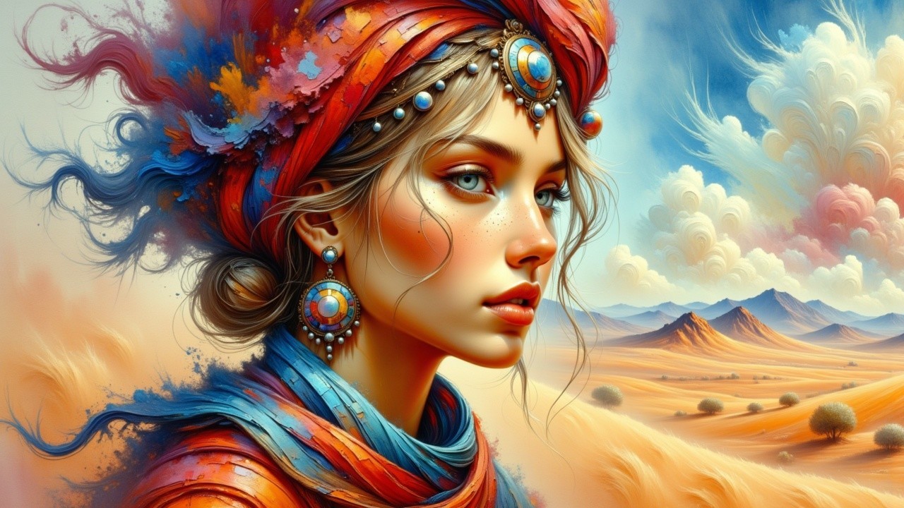 Young woman in vibrant fabrics against desert backdrop