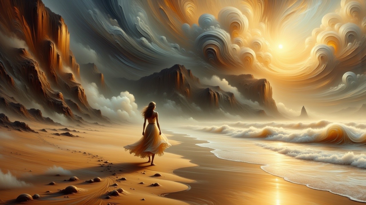 Serene beach scene with woman in white dress at sunset