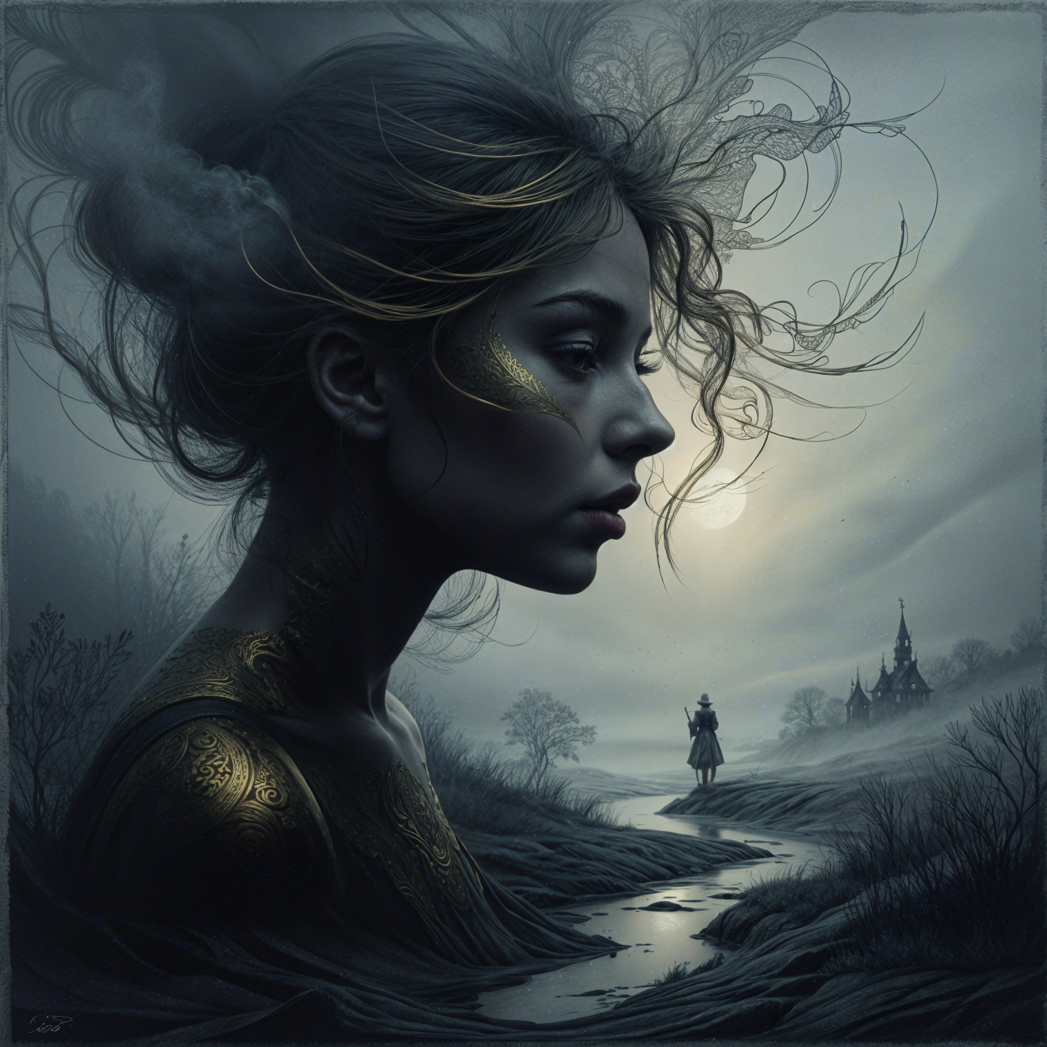 Surreal Scene with Young Woman and Mystical Landscape