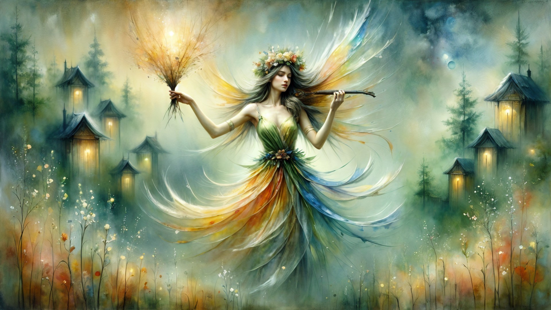Mystical Figure in Gown Surrounded by Nature's Beauty