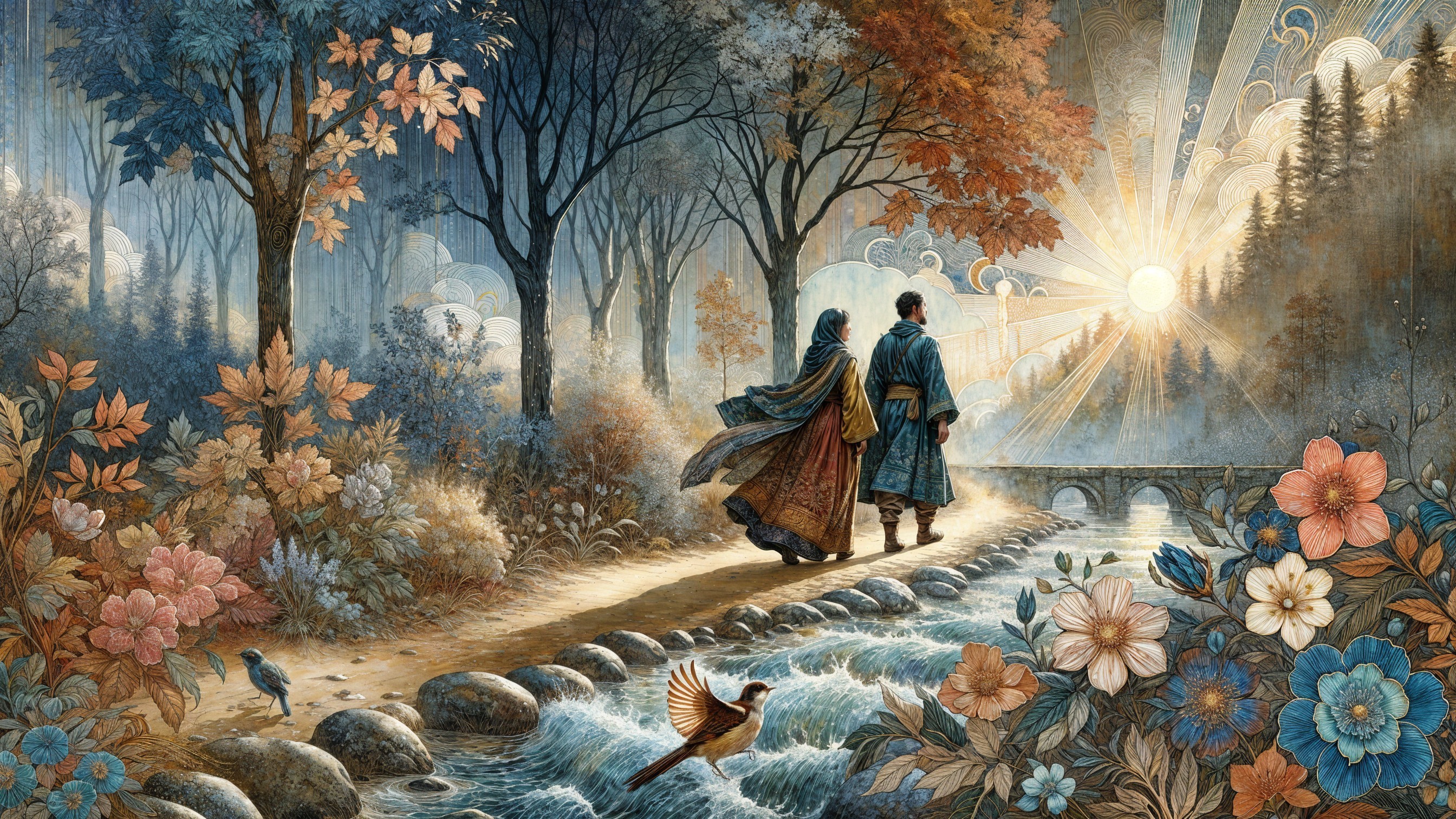 Couple Walking in Serene Autumn Landscape with Stream