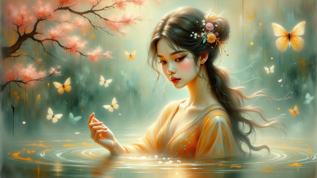 Serene Young Woman in Tranquil Waters with Flowers