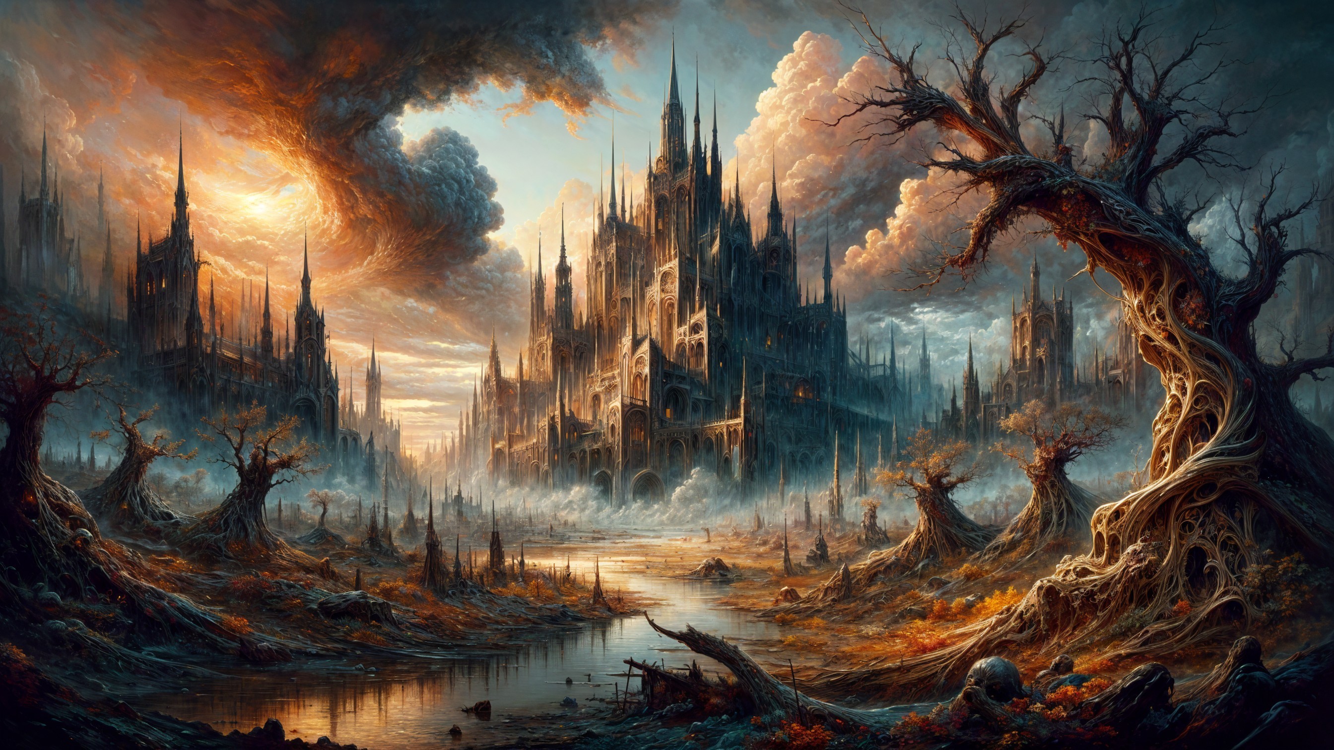 Gothic Castle in Misty Landscape with Sunset Glow