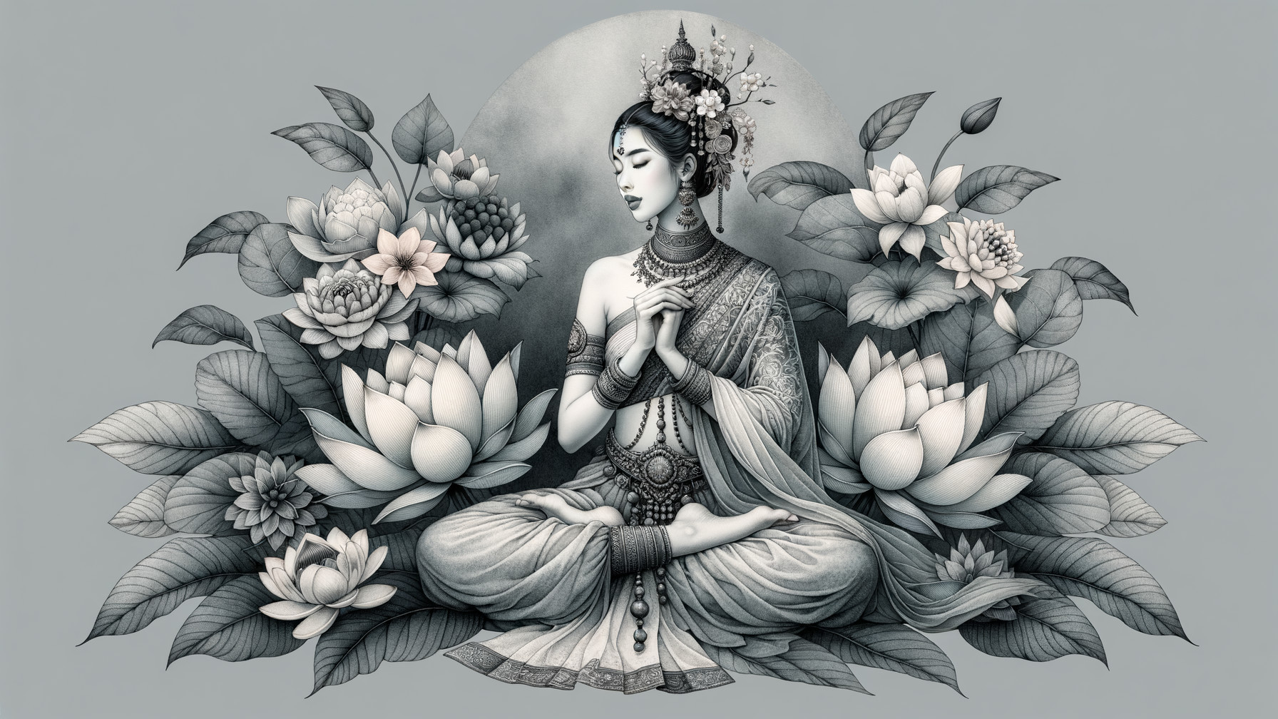 Serene Figure in Meditative Pose with Lotus Flowers