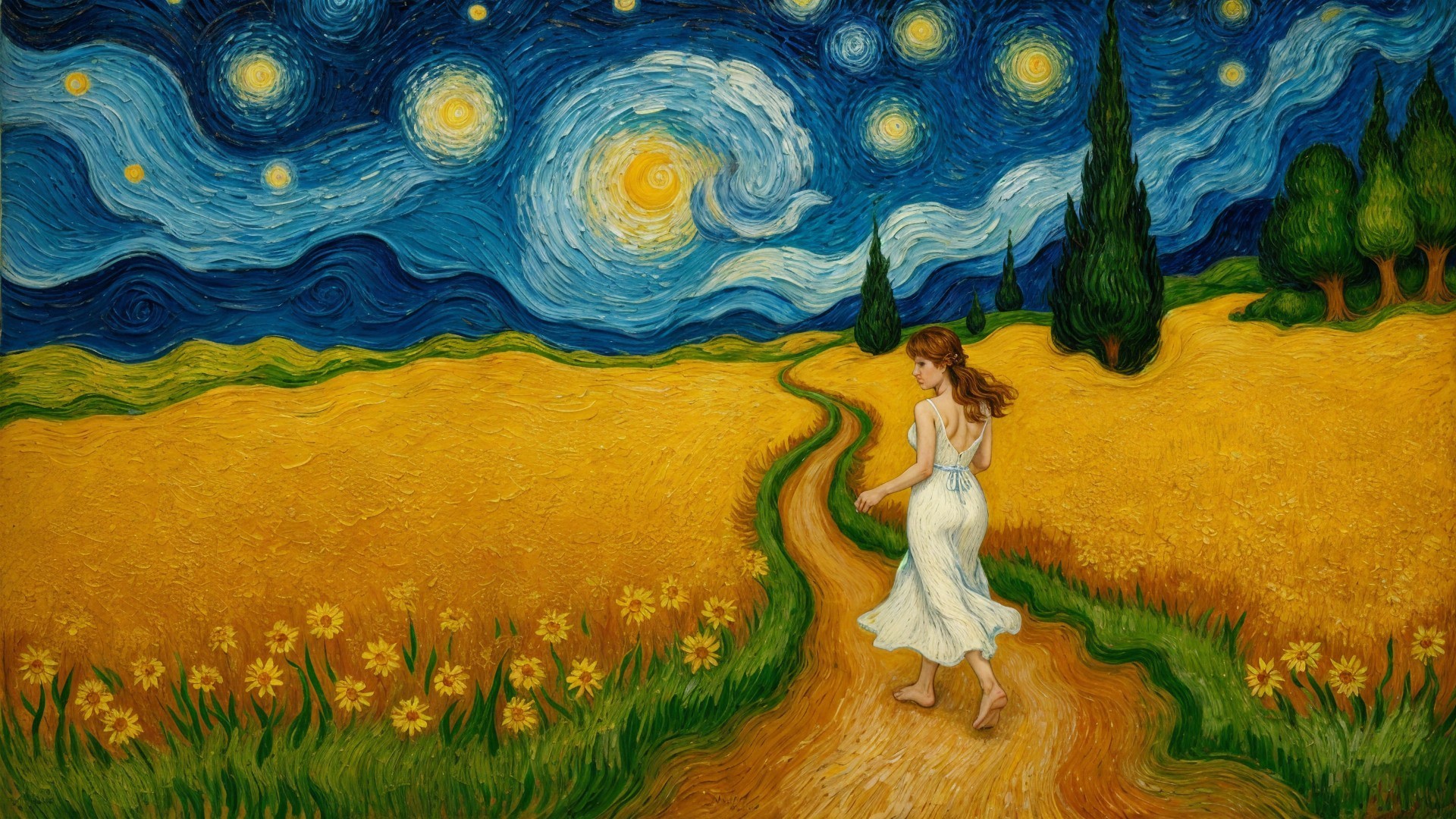 Young Woman in White Dress in Golden Field Landscape
