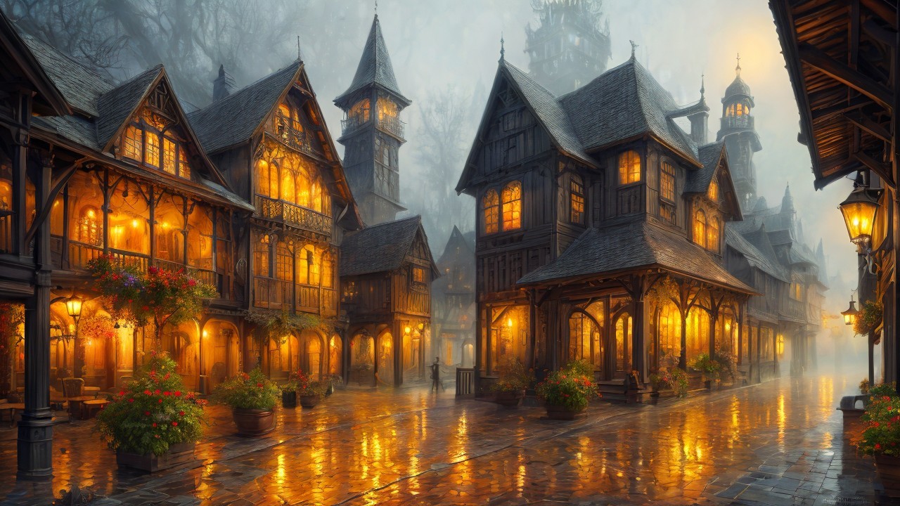 Misty Village at Dusk with Wooden Buildings and Lights