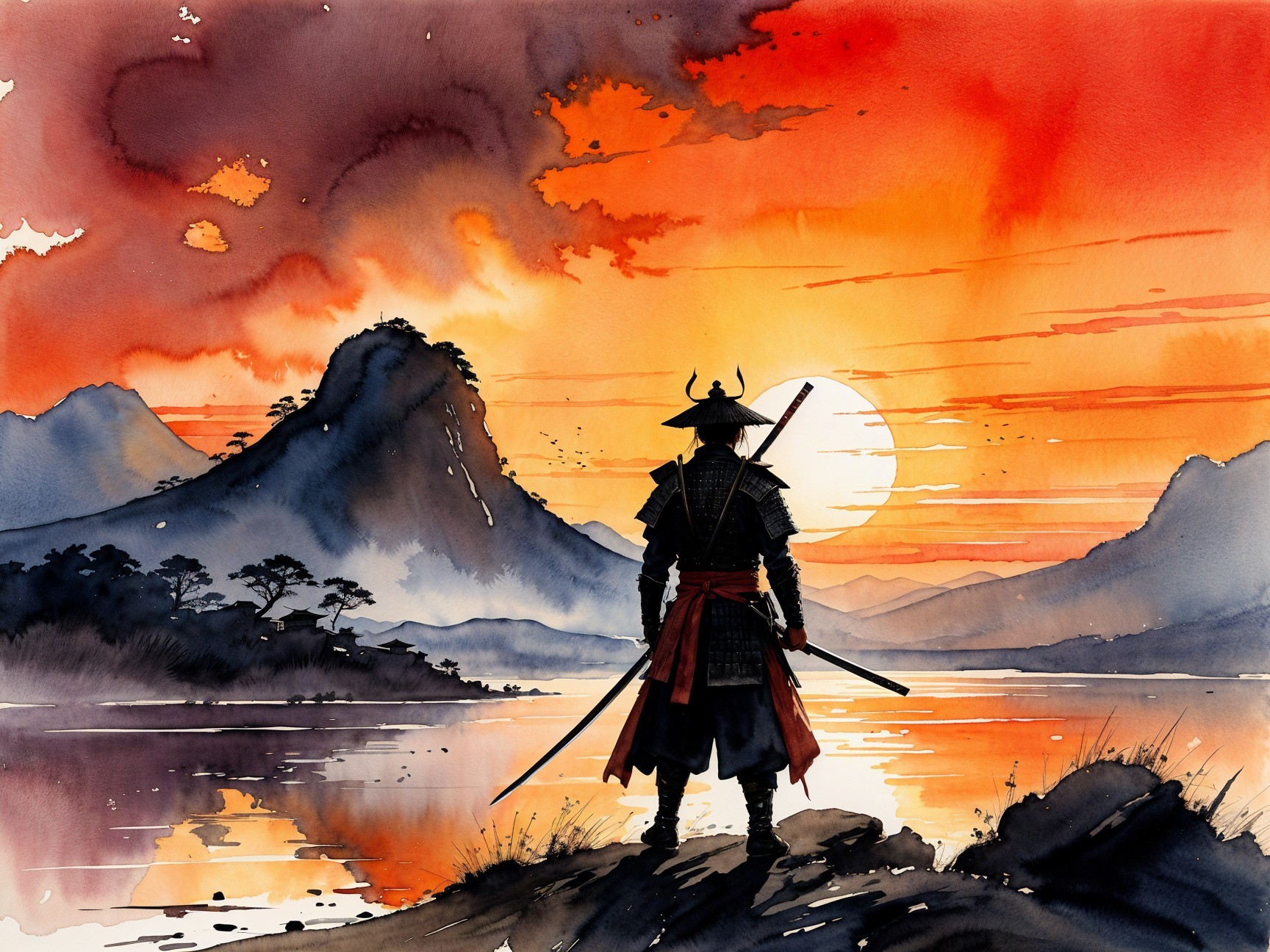 Samurai Silhouette by Tranquil Lake at Sunset