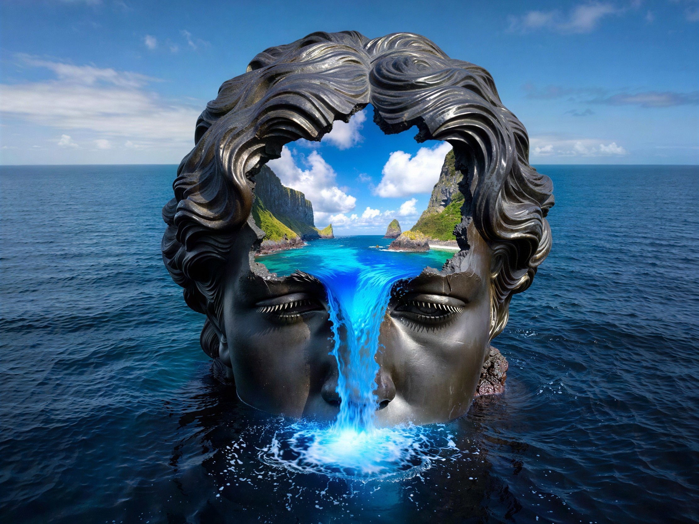 Bronze Statue with Tropical Island and Waterfall Scene