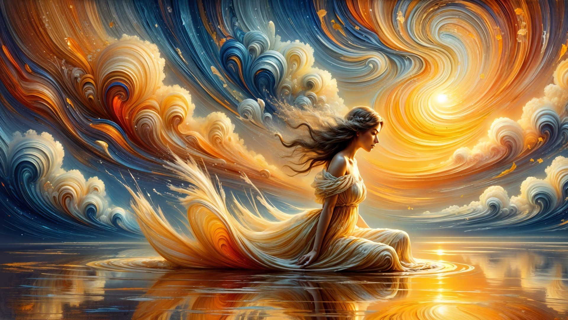 Serene Figure in Tranquil Waters with Vibrant Sky
