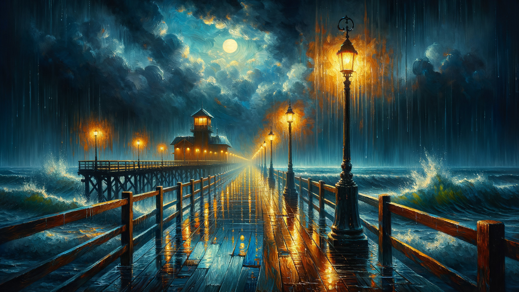 Dramatic Pier Scene with Stormy Sky and Lighthouse