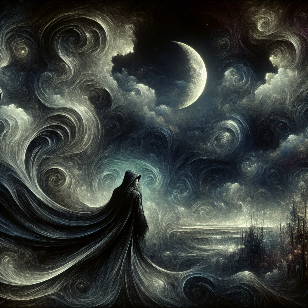 Mysterious Cloaked Figure Against Ethereal Night Sky