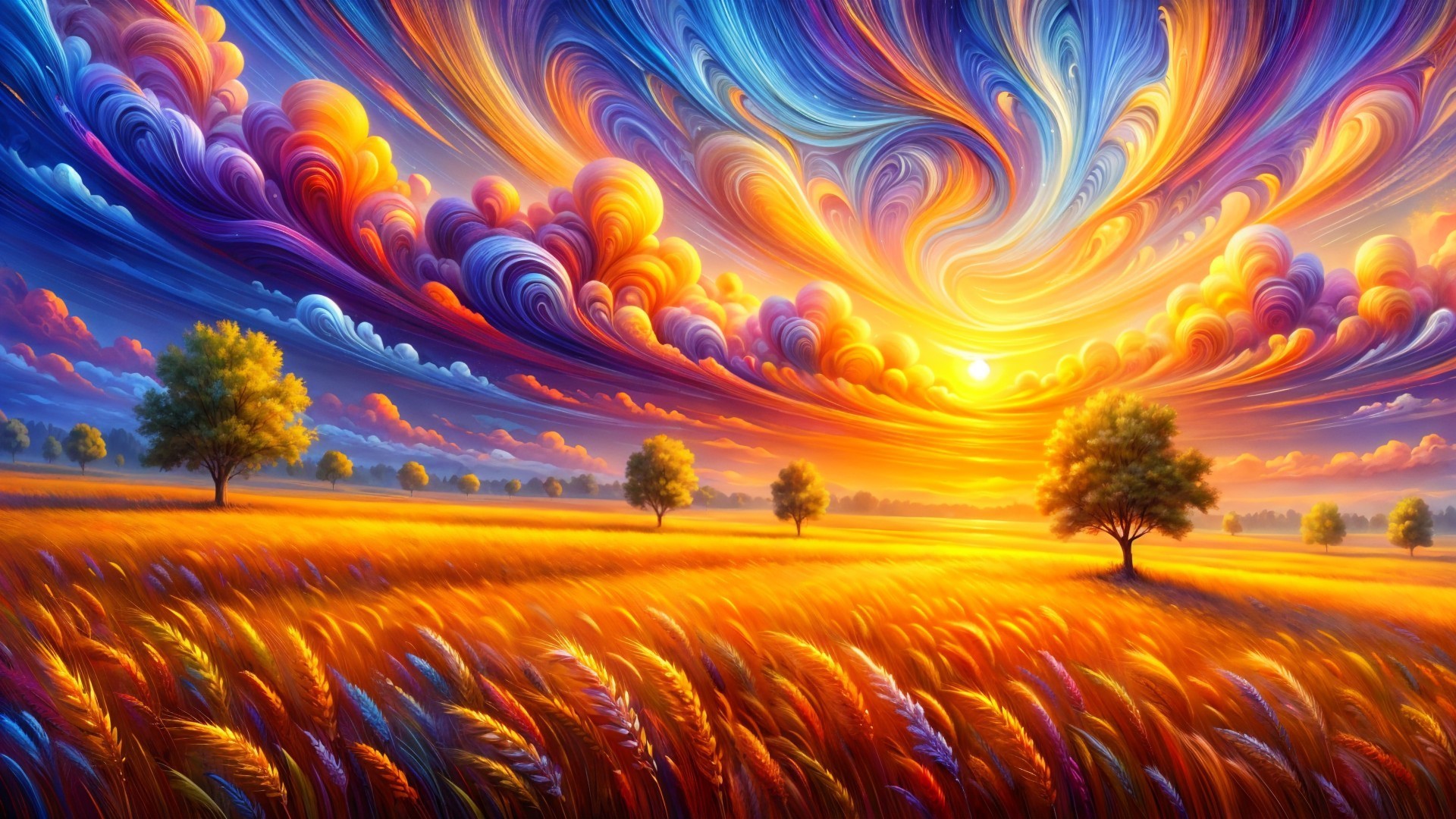 Vibrant Landscape with Golden Sunlight and Colorful Sky