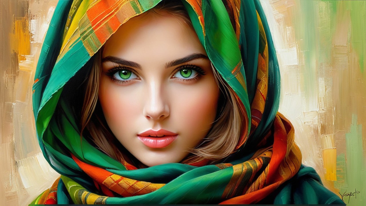 Portrait of a Young Woman with Vibrant Scarf and Eyes