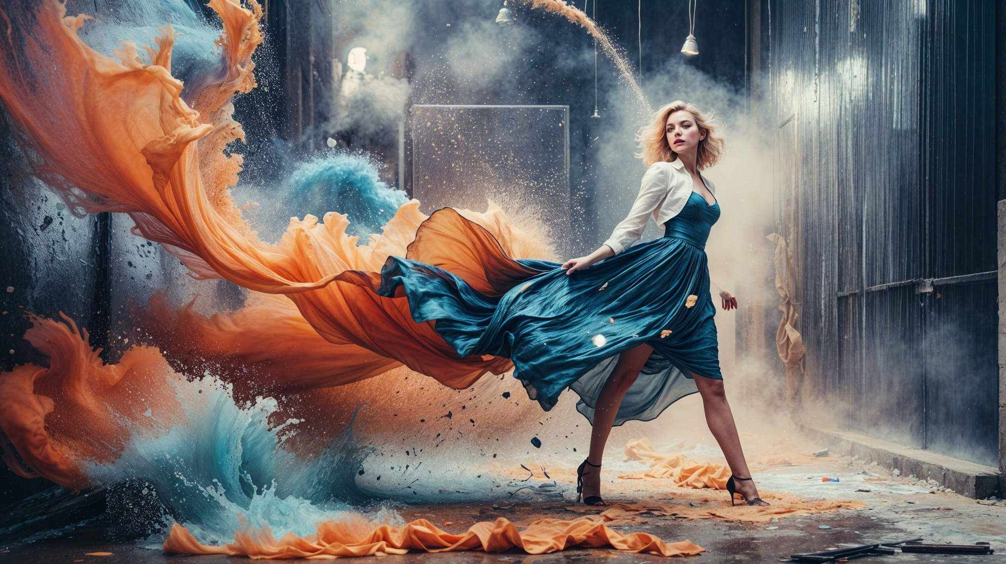Model in Blue Dress in Industrial Setting with Smoke