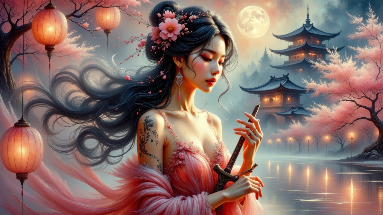 Moonlit Landscape with Woman, Sword, and Pagoda