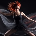 Elegant Figure in Black Gown with Red Hair and Fabrics