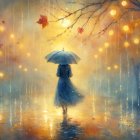 Solitary Figure in Blue Coat on Rainy Pathway